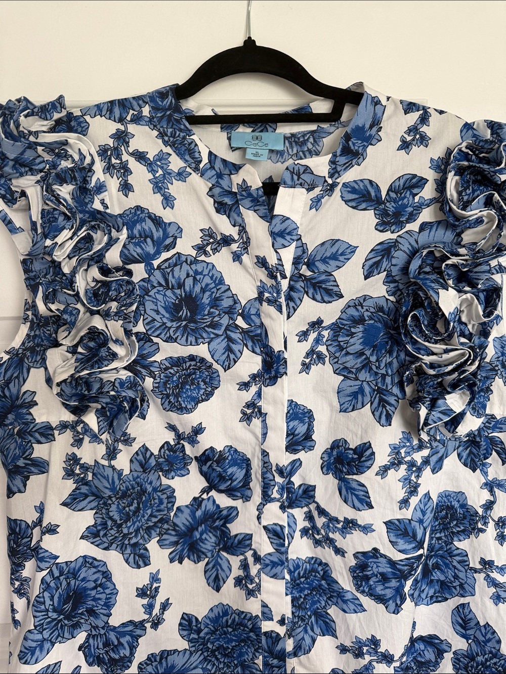 CeCe White Button-Down Top with Blue Floral Print and Ruffled Sleeves